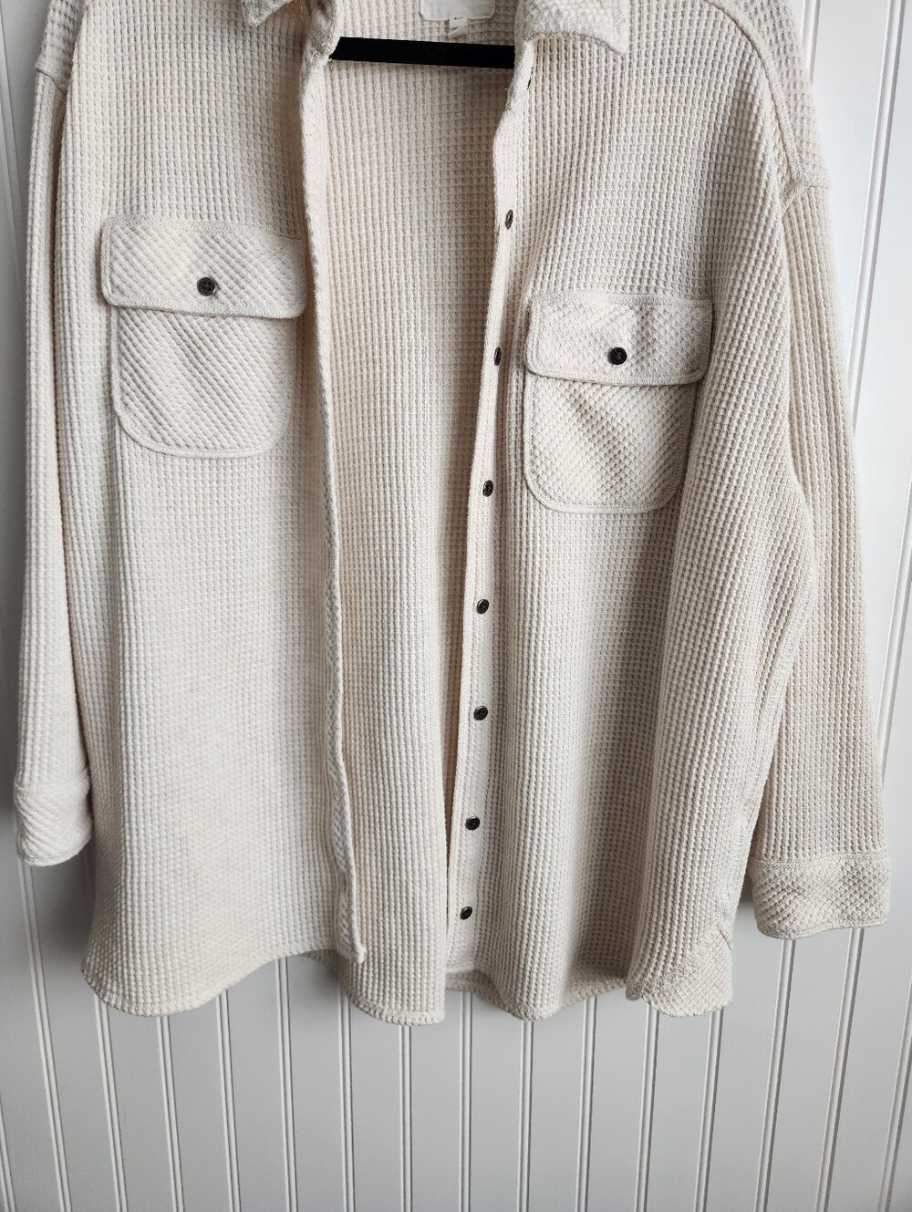 AERIE Oatmeal Waffle Knit Cotton Blend Button Front Flannel Oversized Small - Picture 3 of 6